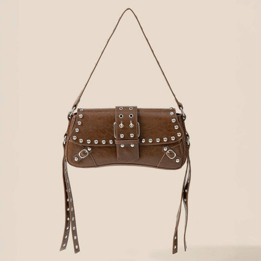 Glossy Leather Rivet Trim Shoulder Bag