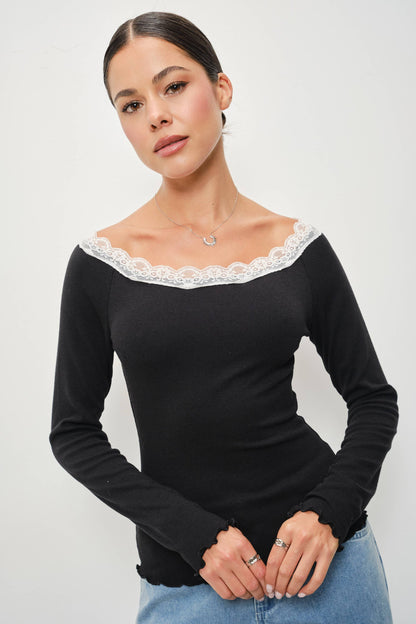 Jillian Lace Trim Boat Neck Long Sleeve Top
