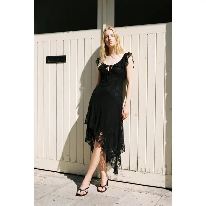 Jessica Ruffle Asymmetrical Lace Midi Dress
