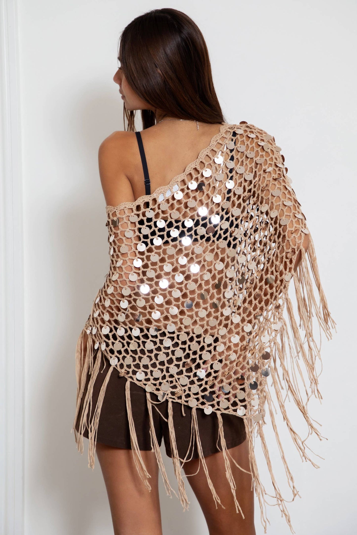 Holly Sequin Crochet Fringe Poncho