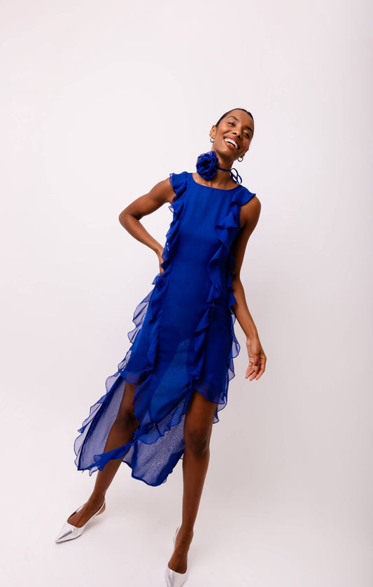 Amy Lynn Roma Chiffon Frill Rose Applique Maxi Dress