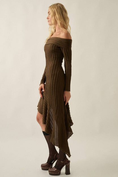 Joan Boucle Ribbed Knit Off-Shoulder Asymmetrical Mini Dress