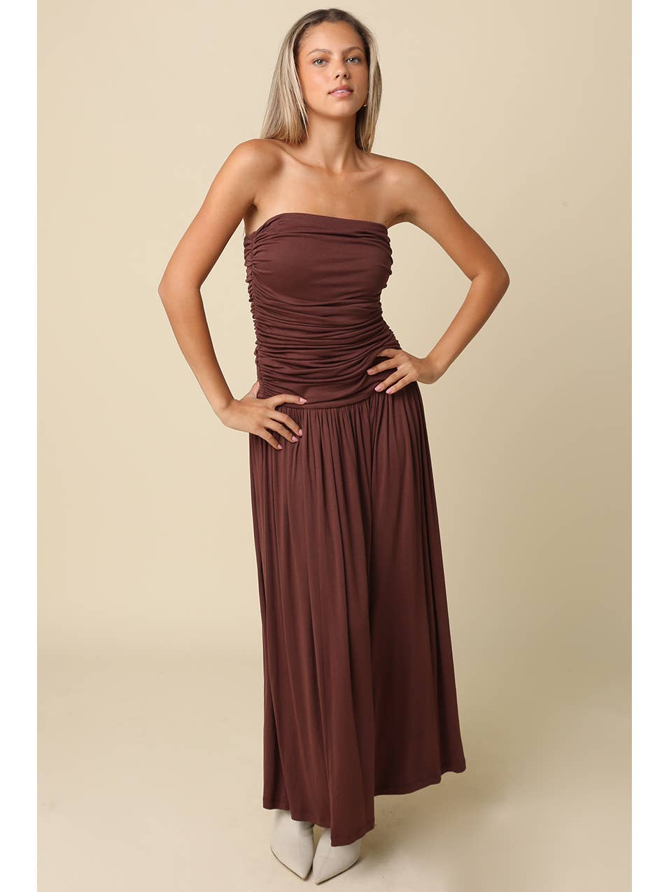 Irid Strapless Ruched Maxi Dress