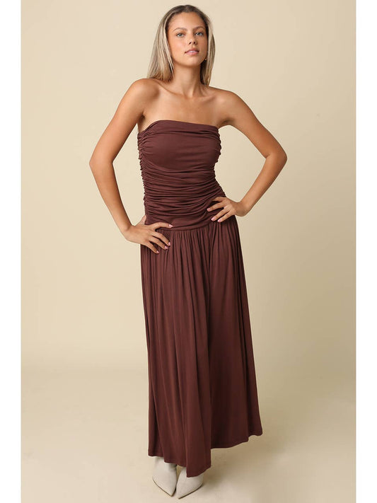 Irid Strapless Ruched Maxi Dress