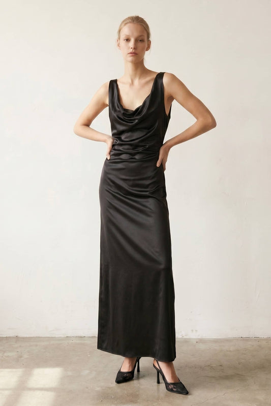 Jazlyn Satin Cowl Neck Maxi Flare Dress