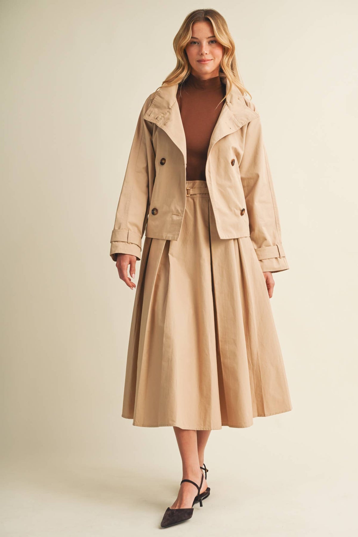 Jacee High-Collar Cropped Belted Trench Jacket