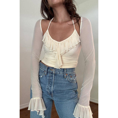 Ingrid Ruffle Trim Long Sleeve Crop Top
