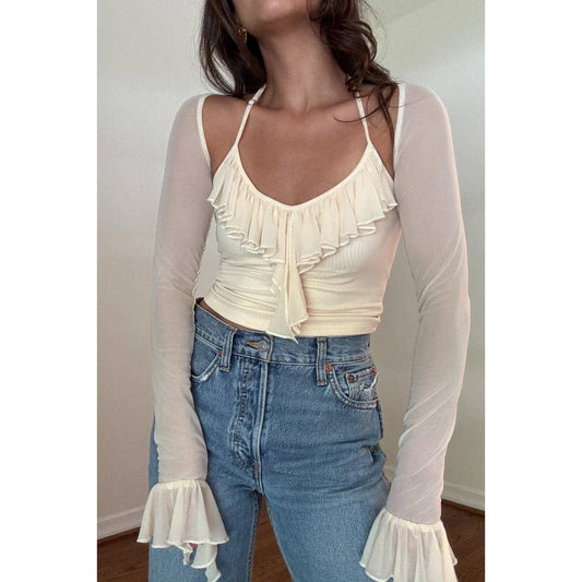 Ingrid Ruffle Trim Long Sleeve Crop Top