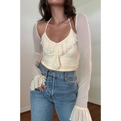 Ingrid Ruffle Trim Long Sleeve Crop Top
