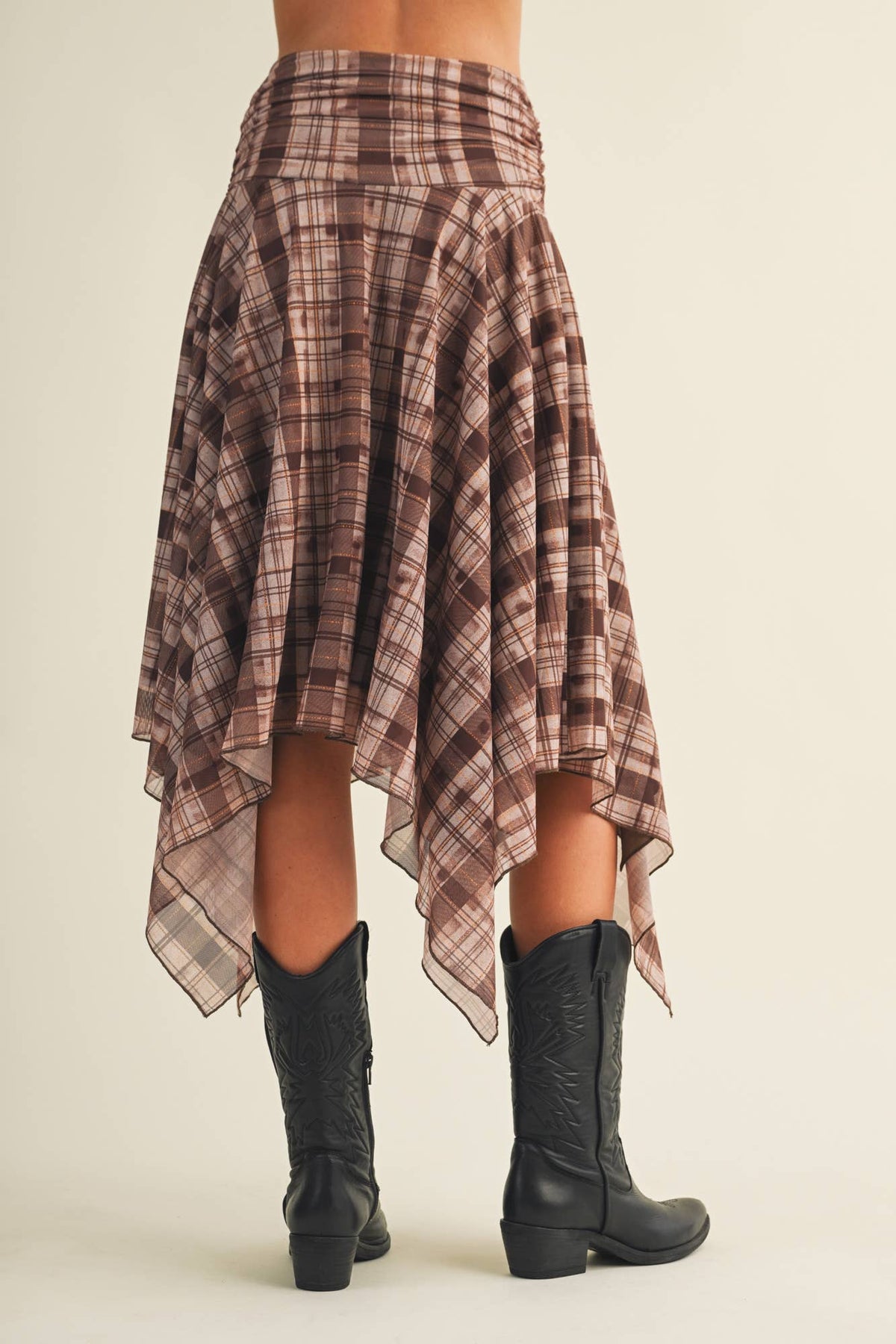 Jordan Shirred Yoke Geometric Plaid Skirt