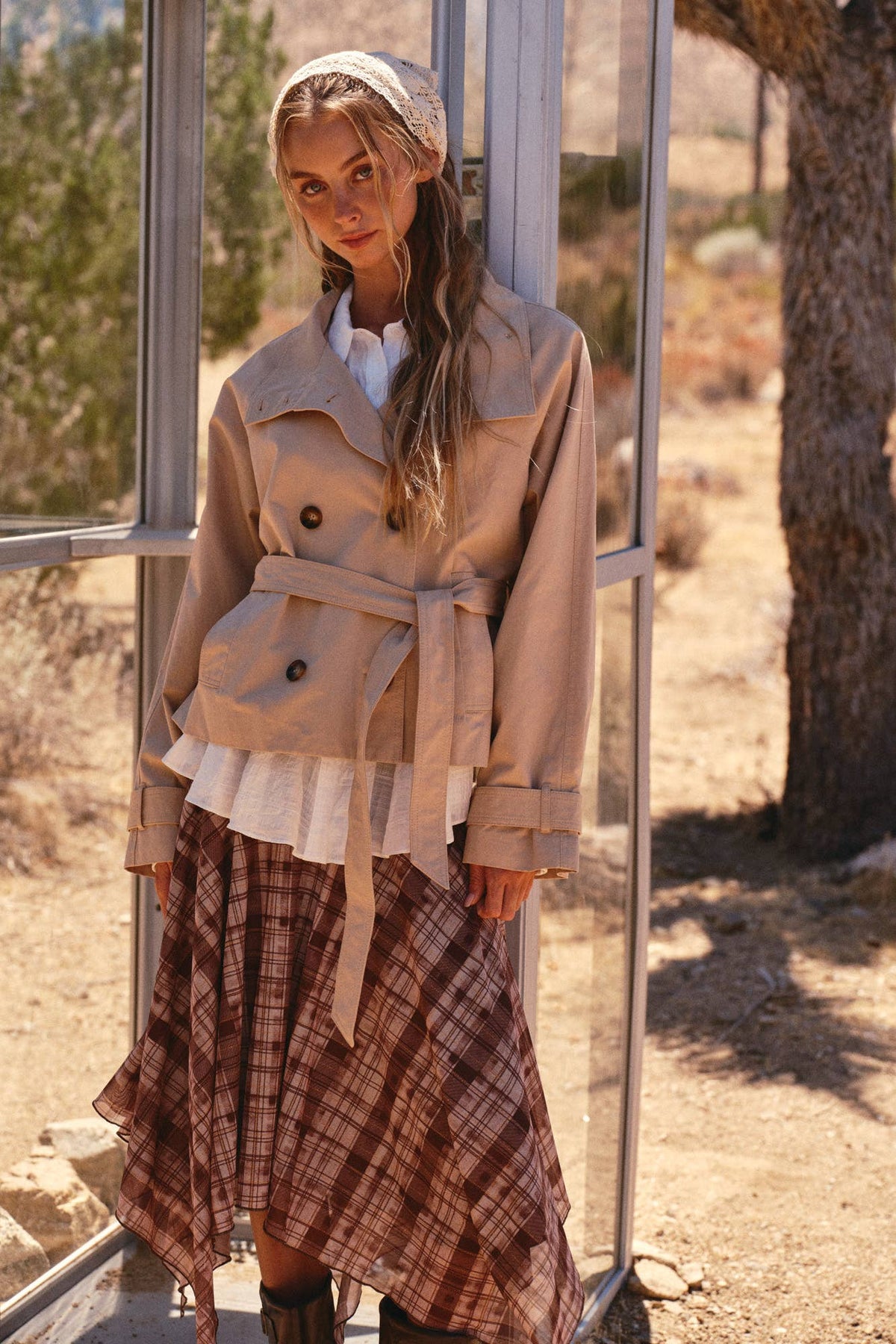 Jacee High-Collar Cropped Belted Trench Jacket