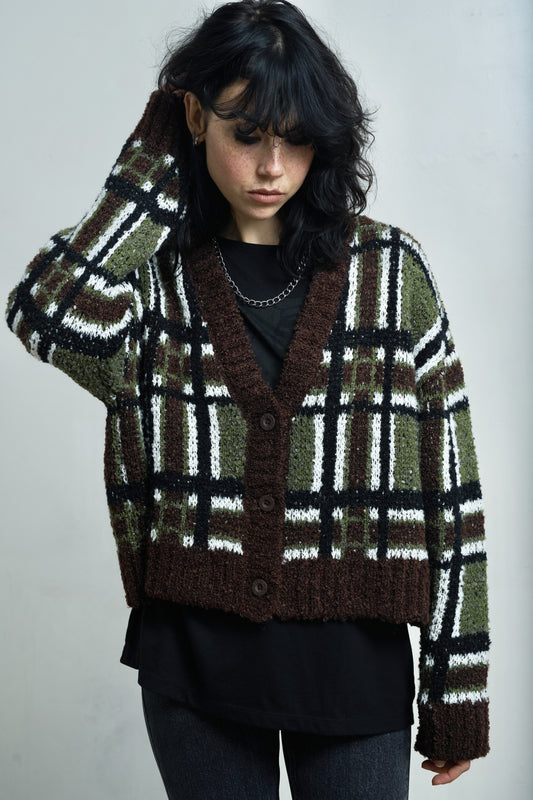 The Ragged Priest Bud Knit Boucle Check Cardigan