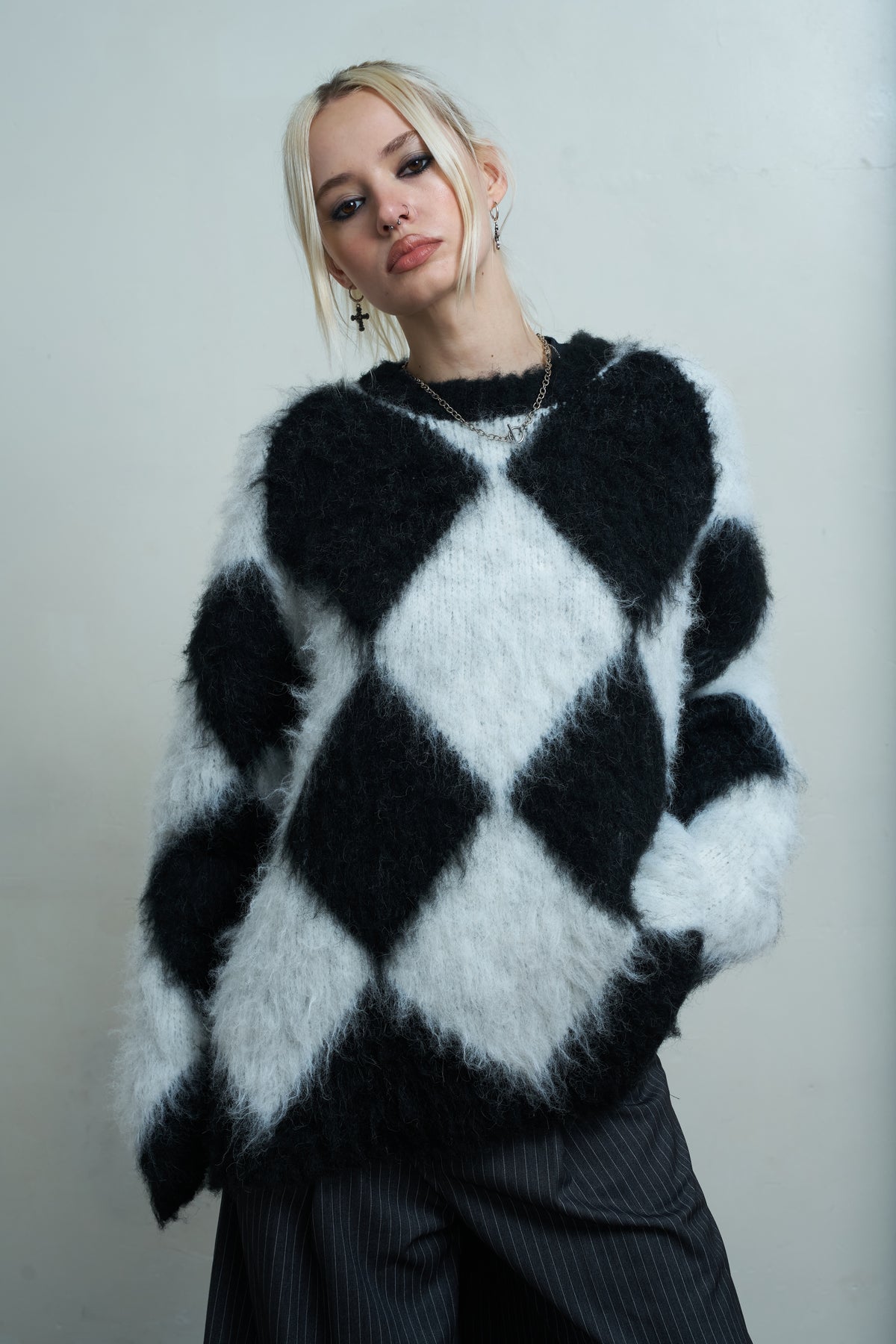 The Ragged Priest Jasper Knit Fluffy Harlequin Crew Knit Sweater