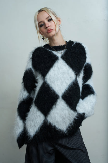 The Ragged Priest Jasper Knit Fluffy Harlequin Crew Knit Sweater