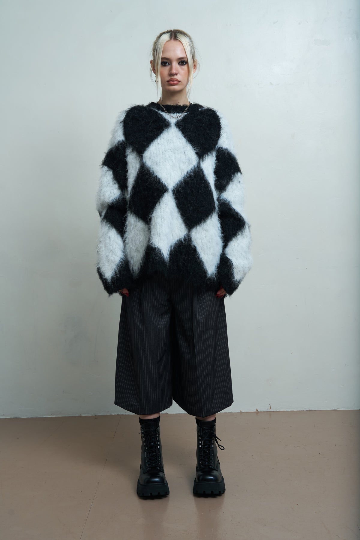 The Ragged Priest Jasper Knit Fluffy Harlequin Crew Knit Sweater
