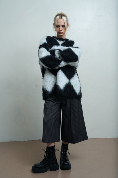 The Ragged Priest Jasper Knit Fluffy Harlequin Crew Knit Sweater