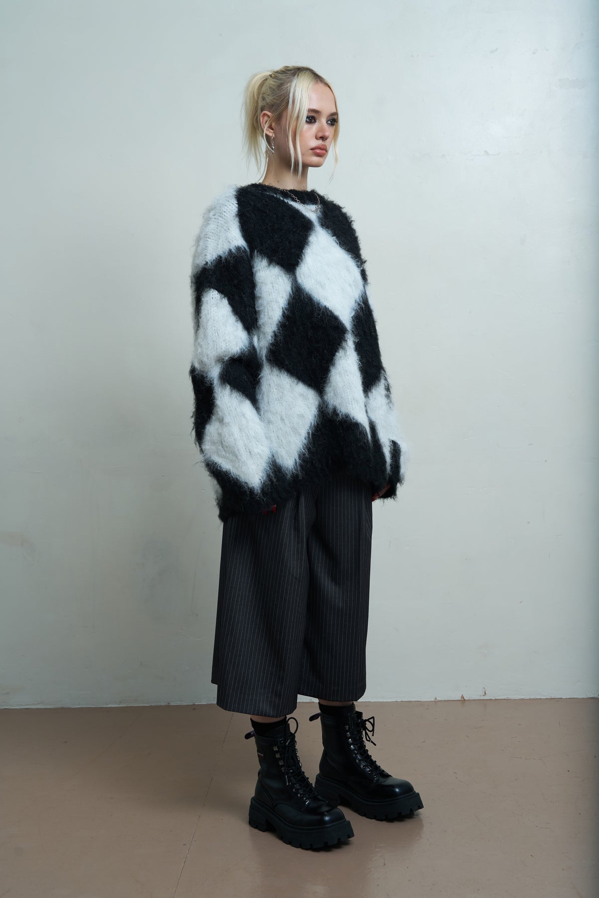 The Ragged Priest Jasper Knit Fluffy Harlequin Crew Knit Sweater