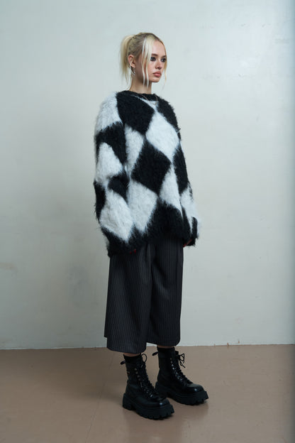 The Ragged Priest Jasper Knit Fluffy Harlequin Crew Knit Sweater