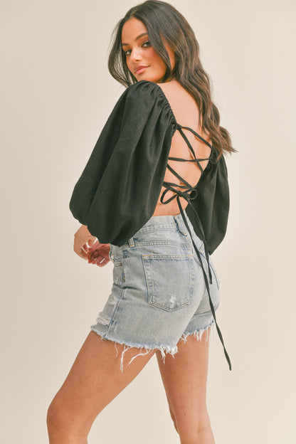 Cameron Balloon Sleeve Lace Up Back Top